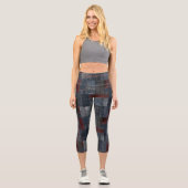 Leggings Capri Bleu & Burgundy Denim Patchwork Texte et logo pers (Recto)