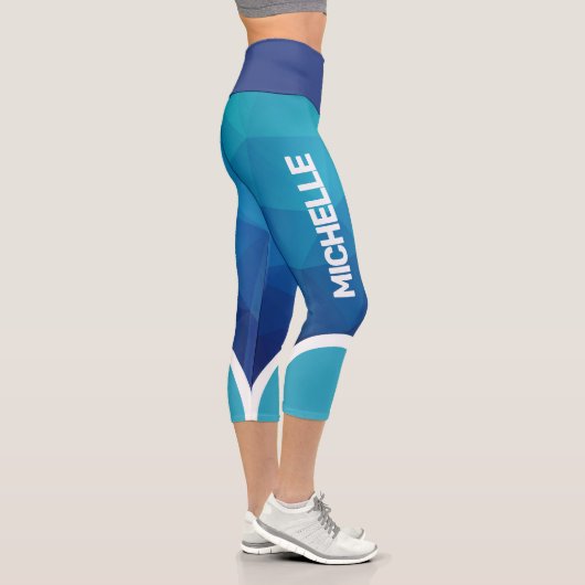 Leggings Capri Bleu géométrique avec blanc nom rayé moderne (Droite)