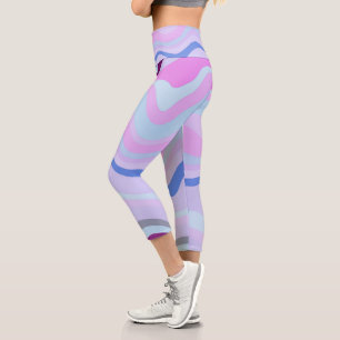 Leggings Capri Bleu, rose et violet rayures ondulées