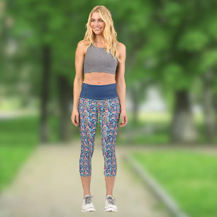 Leggings Capri Bleu Royal Turquoise Orange Floral Vintage Paisley