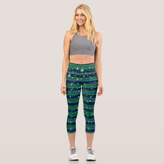 Leggings Capri Bleu vert rayures avec étoiles et Raindrops (Recto)