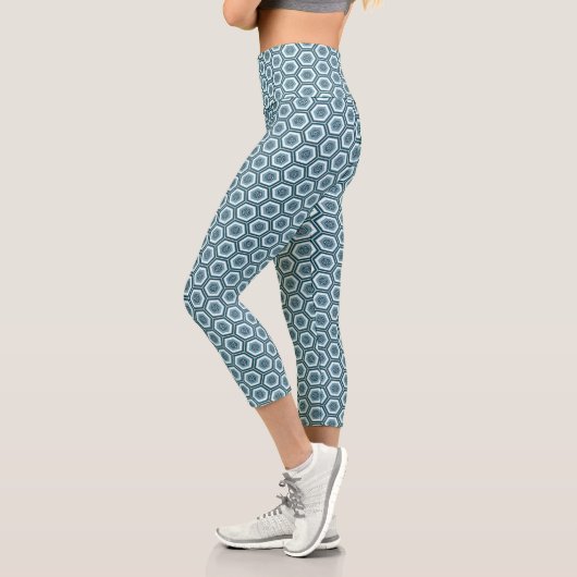 Leggings Capri Blue Grey Hexagon Geometric Pattern (Gauche)