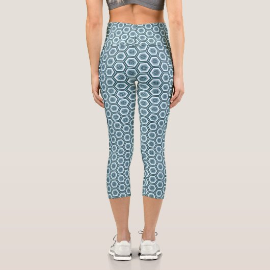 Leggings Capri Blue Grey Hexagon Geometric Pattern (Verso)