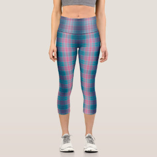 Leggings Capri Blue Teal Pink Tartan Pattern
