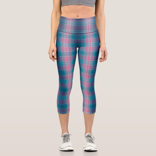 Leggings Capri Blue Teal Pink Tartan Pattern (Recto)