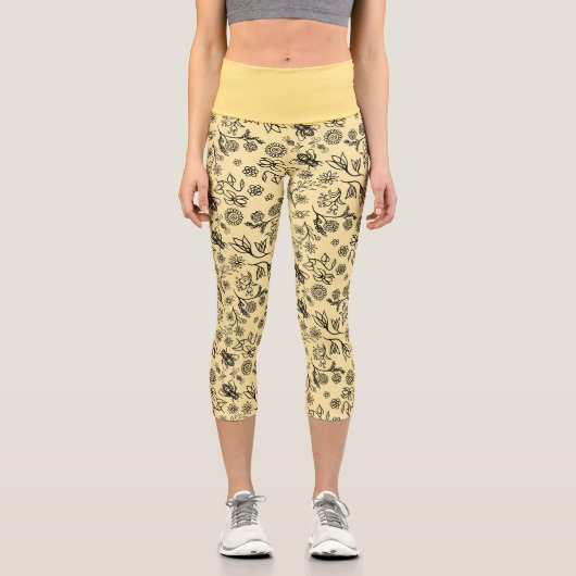 Leggings Capri Boho Été Floral Miel Abeille Motif Jaune mignonne (Recto)