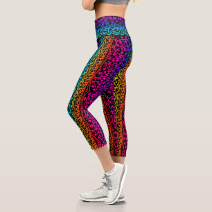 Leggings Capri Boho Mandala Fleur arc-en-ciel et feuille