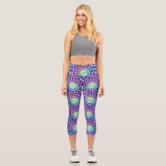 Leggings Capri Boho violet vert Turquoise Cravate-Motif (Recto)