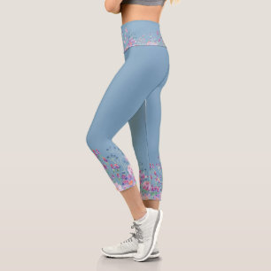 Leggings Capri Bordure Fleur Aquarelle En Bleu
