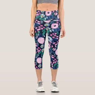 Leggings Capri Bouquet d'aquarelle bleu marine rose