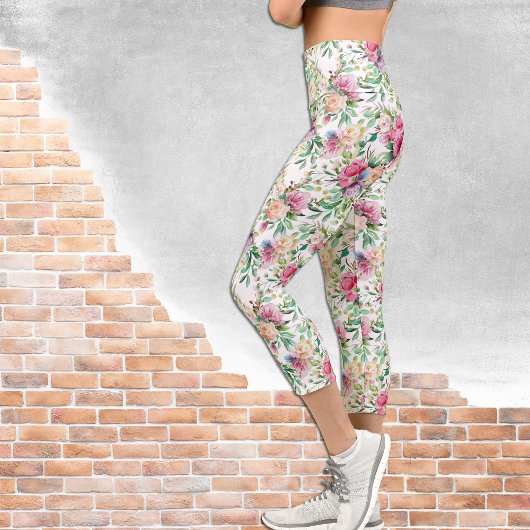Leggings Capri Bouquet rose et blanc sur blanc