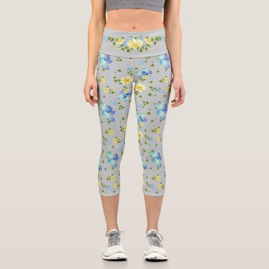 Leggings Capri Boutons jaunes et Iris bleu (Recto)