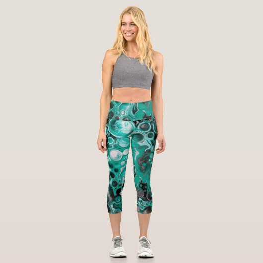 Leggings Capri Bulles turquoises et noires Cellules d'art fluides (Recto)