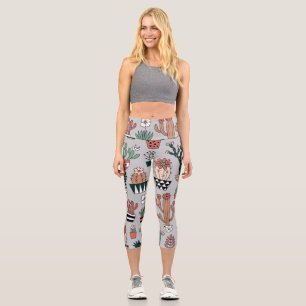 Leggings Capri Cactus en fleurs mignons : Motif à main