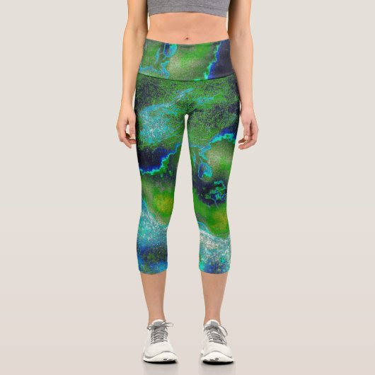 Leggings Capri Calcaire Abstrait en vert citron et bleu (Recto)