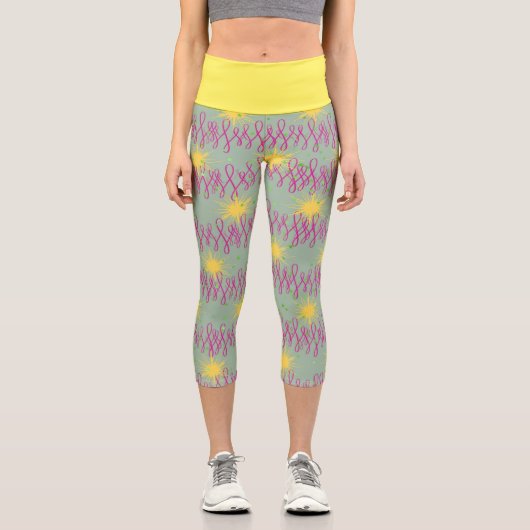 Leggings Capri Capris Jaune et Vert avec Étoiles & Fils (Recto)