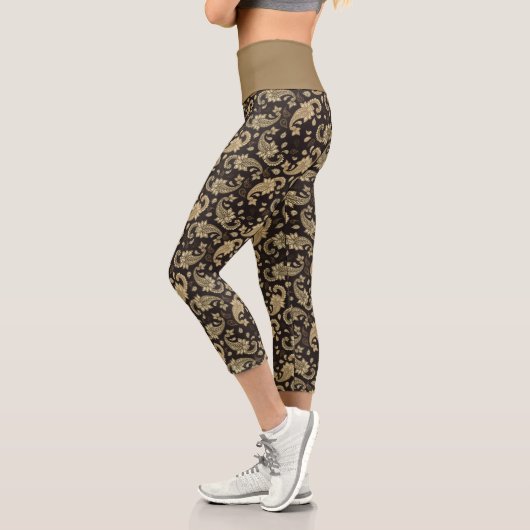 Leggings Capri Capris Motif haute taille en marguerite Brown-Beig (Gauche)