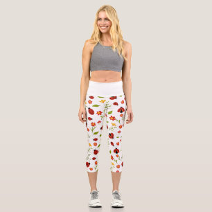 Leggings Capri Capris rouges à fleurs de marguerite et coccinelle