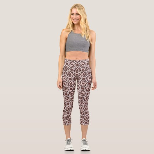 Leggings Capri Capris taille haute marron blanc géométriques sans (Recto)