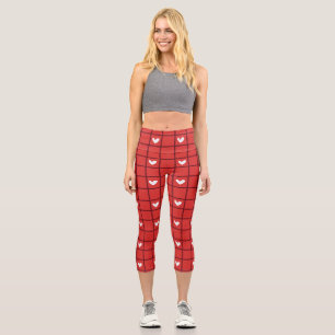 Leggings Capri Carreaux Rouges Charmants et Cœurs Blancs de Style