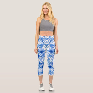 Leggings Capri Carrelage blanc bleu, motif aquarelle sans couture