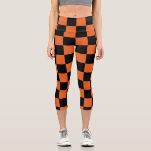 Leggings Capri Carrés à carreaux géométrique rétro noir et orange