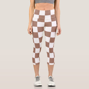 Leggings Capri Carrés à damier marron moka blanc géométrique rétr