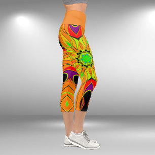 Leggings Capri Carton Mandala Fleur orange vert et rouge