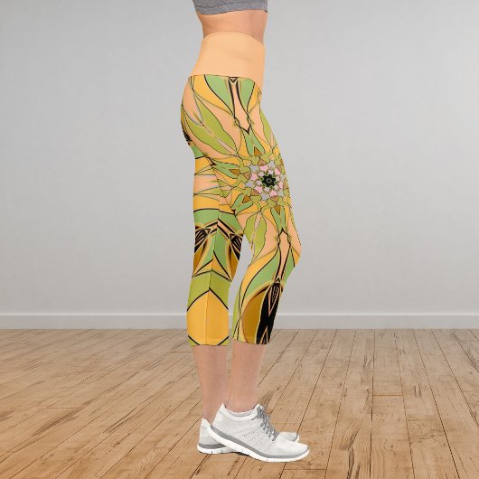 Leggings Capri Carton Mandala Flower vert Jaune et orange