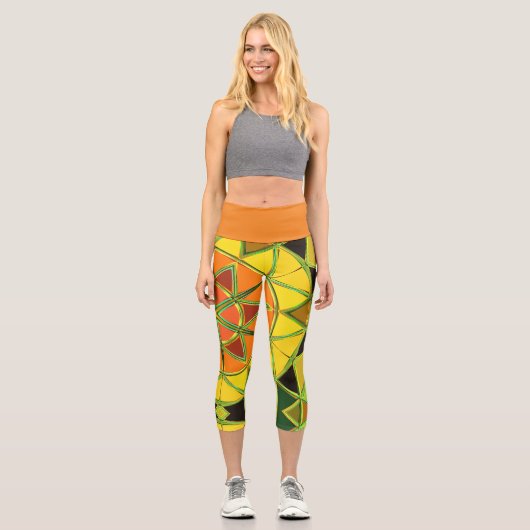 Leggings Capri Carton Mandala jaune orange et vert (Recto)