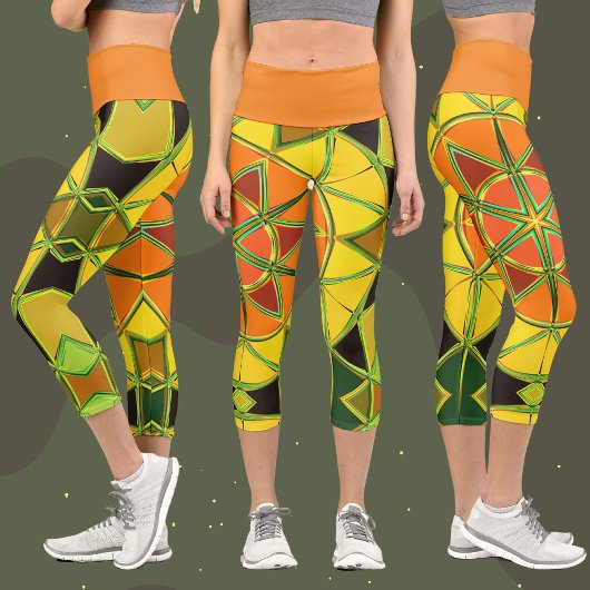 Leggings Capri Carton Mandala jaune orange et vert