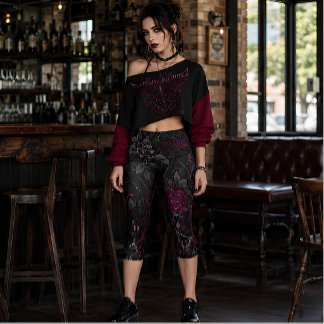 Leggings Capri Cathédrale Rose Gothique Rouge Foncé Floral Alt Mo