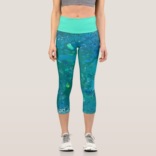 Leggings Capri Cellules Azure, Cyan Lumineux (Recto)