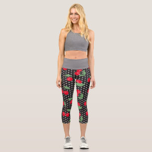 Leggings Capri Cerise rouge Fruit Feuilles vertes Points noirs et
