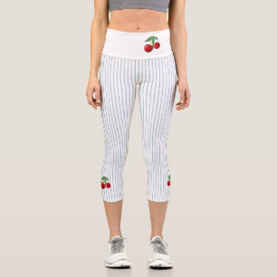 Leggings Capri Cerises Rouges sur Rayures Bleues Personnalisé