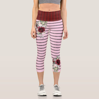Leggings Capri Charme noir rose rayures Motif Fleurs Bourgogne