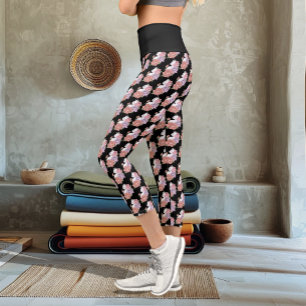 Leggings Capri Chat Blanc Pastel Floral Noir Botanique Romantique