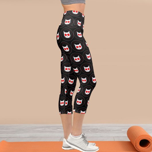Leggings Capri Chat En Verres Rouges Sur Capris Noir Haut-Faisé