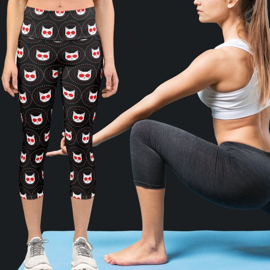 Leggings Capri Chat En Verres Rouges Sur Capris Noir Haut-Faisé