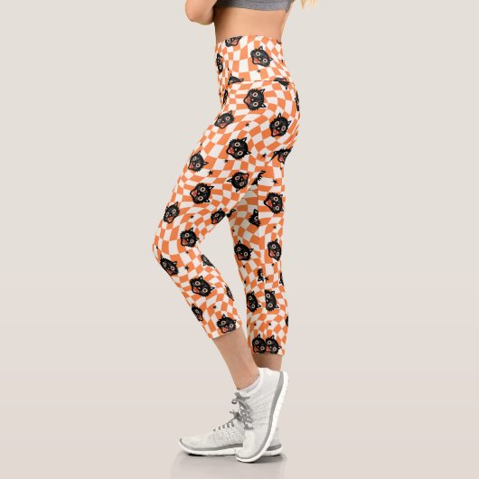 Leggings Capri Chat noir rétro Motif chèque orange (Gauche)