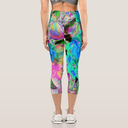 Leggings Capri Chaux psychédélique Trippy Lime Vert et Bleu Fleur (Verso)