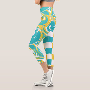Leggings Capri Chèques et permules en Turquoise, Jaune et Blanc