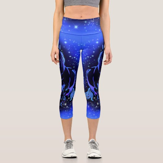 Leggings Capri Cheval Bleu Néon Couchant Au Lune Starry Night (Recto)