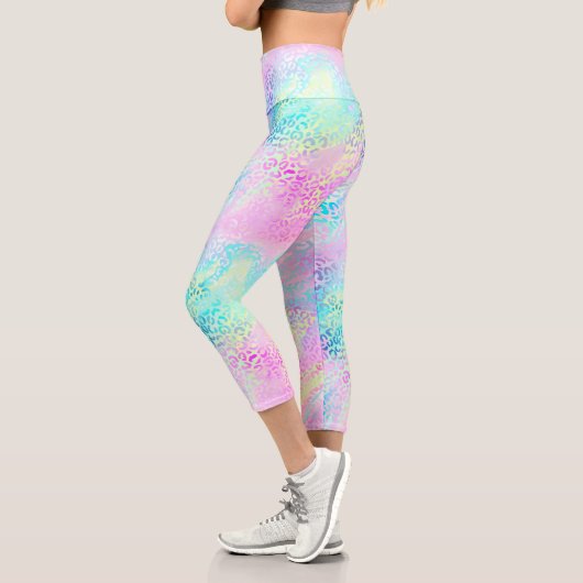 Leggings Capri Chic Girly Rainbow Shimmer Empreinte de léopard (Gauche)