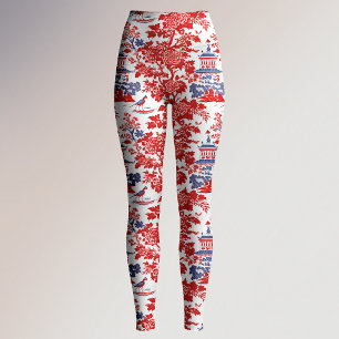 Leggings Capri Chinoiserie Vintage Delft rouge bleu français