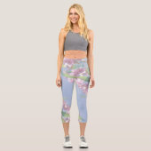 Leggings Capri Ciel bleu Vert Plante Feuilles Fleurs violettes (Recto)