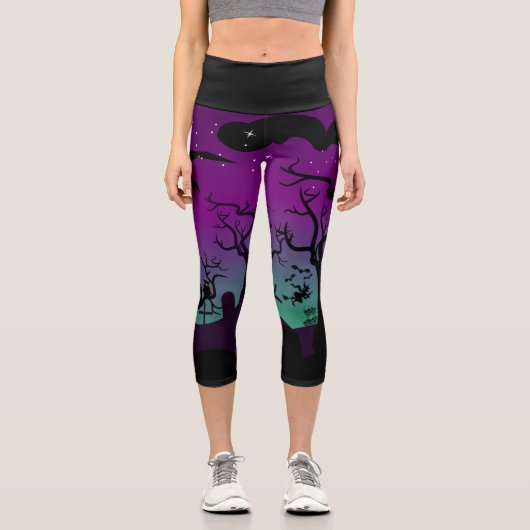 Leggings Capri Cimeau hanté violet et bleu aqua Halloween (Recto)