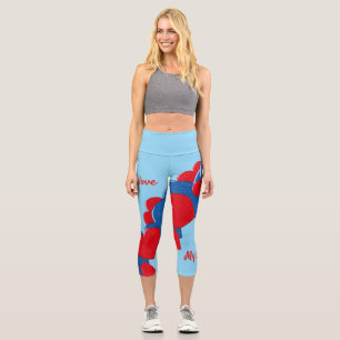 Leggings Capri Coeurs d'amour rouge et bleu sur arrière - plan bl