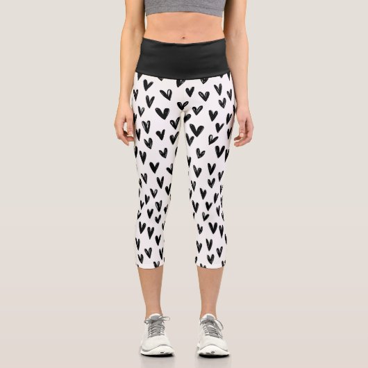 Leggings Capri Coeurs De Doodle Noir Et Blanc (Recto)