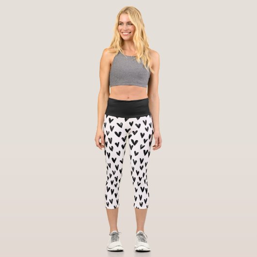 Leggings Capri Coeurs De Doodle Noir Et Blanc (Recto)